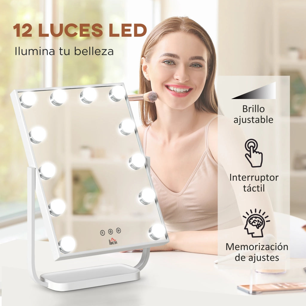 Tavolino da toeletta con specchio e luci LED, 3 modalit¨¤, touch, memoria ¨C Minimal ¨C Bianco, 32.8x11x47.4 cm