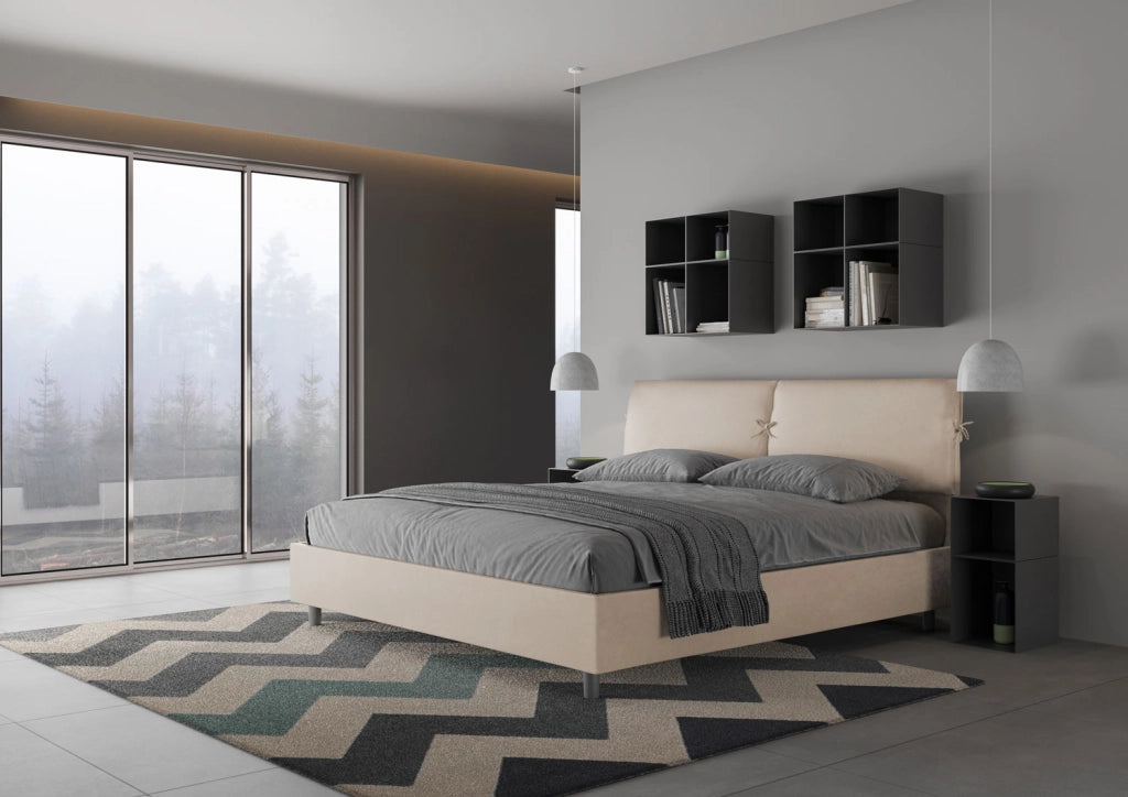 BS COM Letto matrimoniale king size con rete imbottito 180x200 microfibra sabbia
