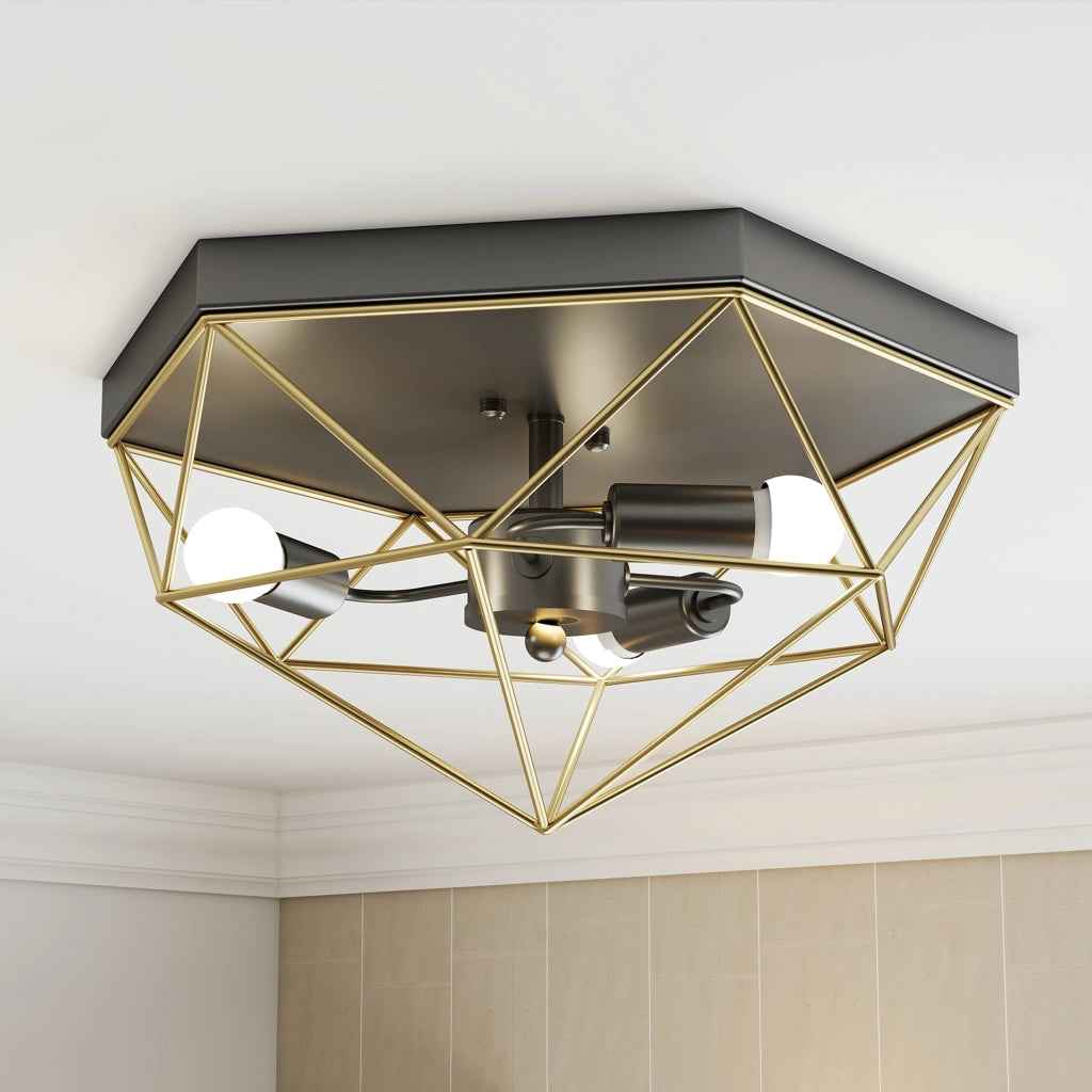 Lampada da Soffitto Industriale Geometrica a 3 Luci ¨C Minimal ¨C Nero e Oro