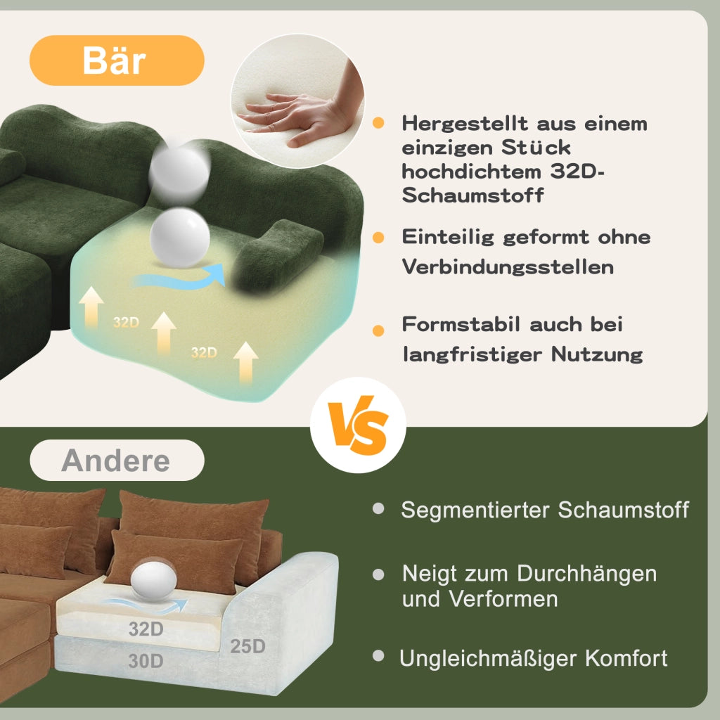 Divano angolare modulare senza struttura con pouf e cuscino bracciolo mobile in velluto verde per casa