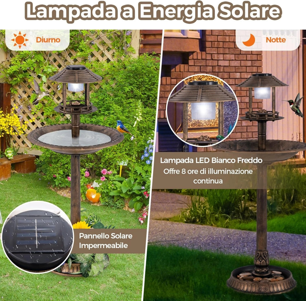 Mangiatoia Decorativa per Uccelli, Casetta per Uccellini da Esterno con Base per Fioriera, Lampada Solare, Decorazione Vintage da Giardino e Cortile (Bronzo)