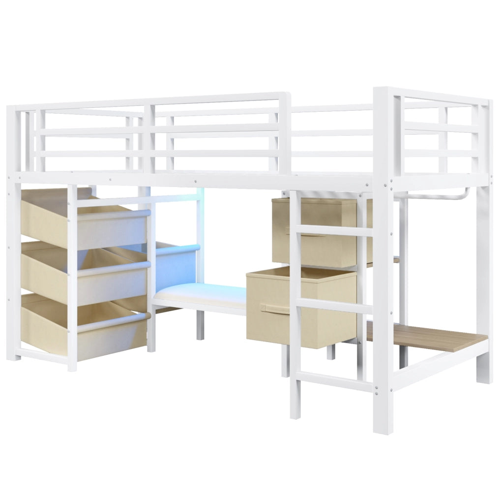 Letto medio alto 90x200 cm in metallo bianco con cuscino; LED multicolore e contenitore