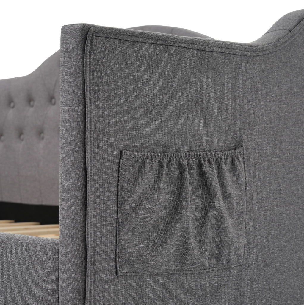 Letto giorno 90x190 cm in lino grigio con USB e Type-C; 2 cassetti e tasche laterali