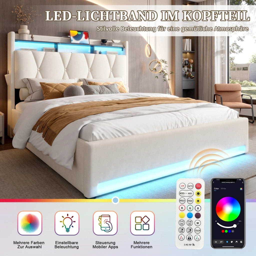 LETTO Contenitore 160x200 cm in velluto beige con LED e porte USB/Type-C