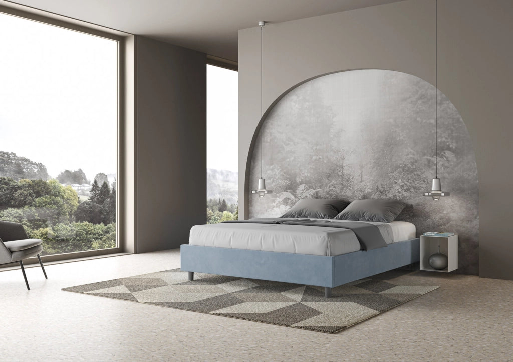 BS COM Letto matrimoniale francese con rete imbottito 140x200 microfibra azzurro