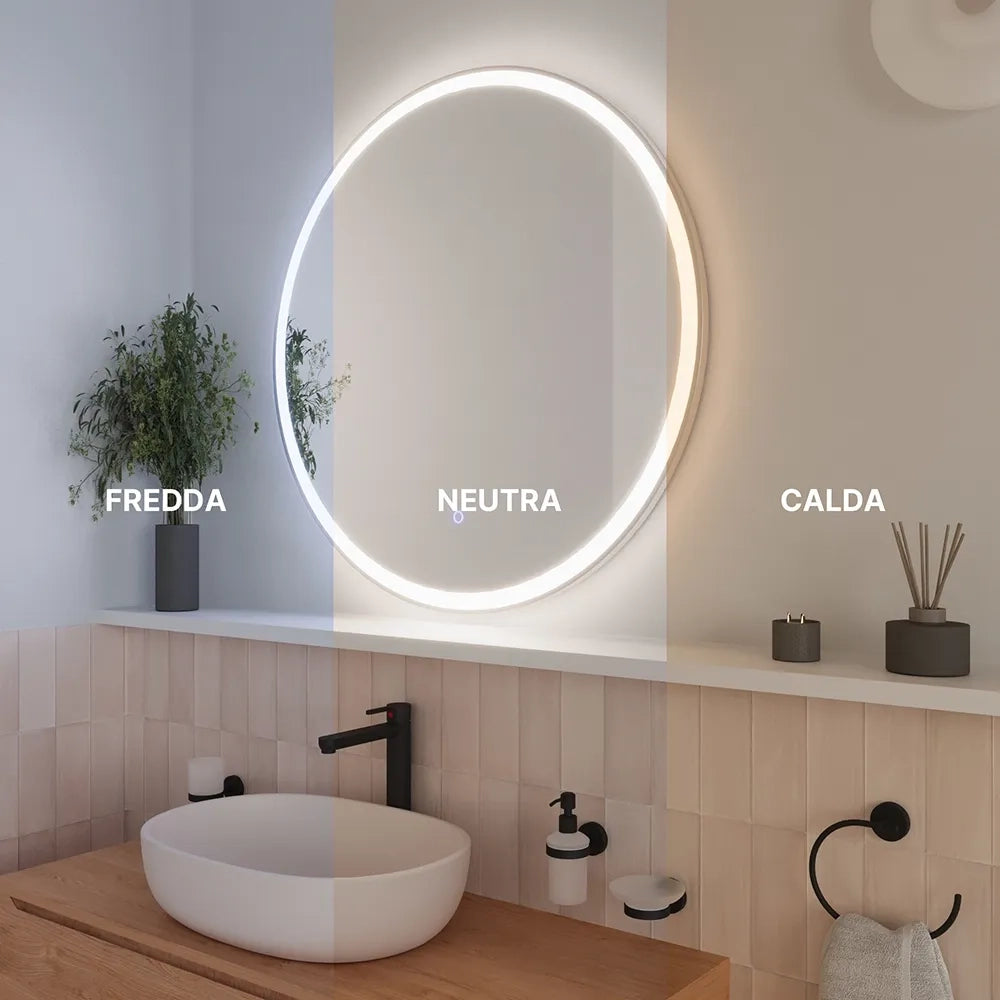 Specchio led tondo Ø 100 cm cornice bianco opaco touch screen luce calda/fredda