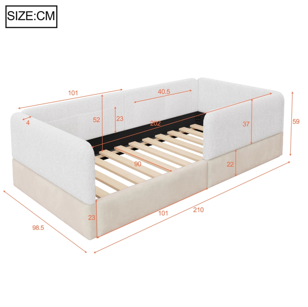 Letto piattaforma imbottito 90x200 cm con spondine e tasche portaoggetti; bianco