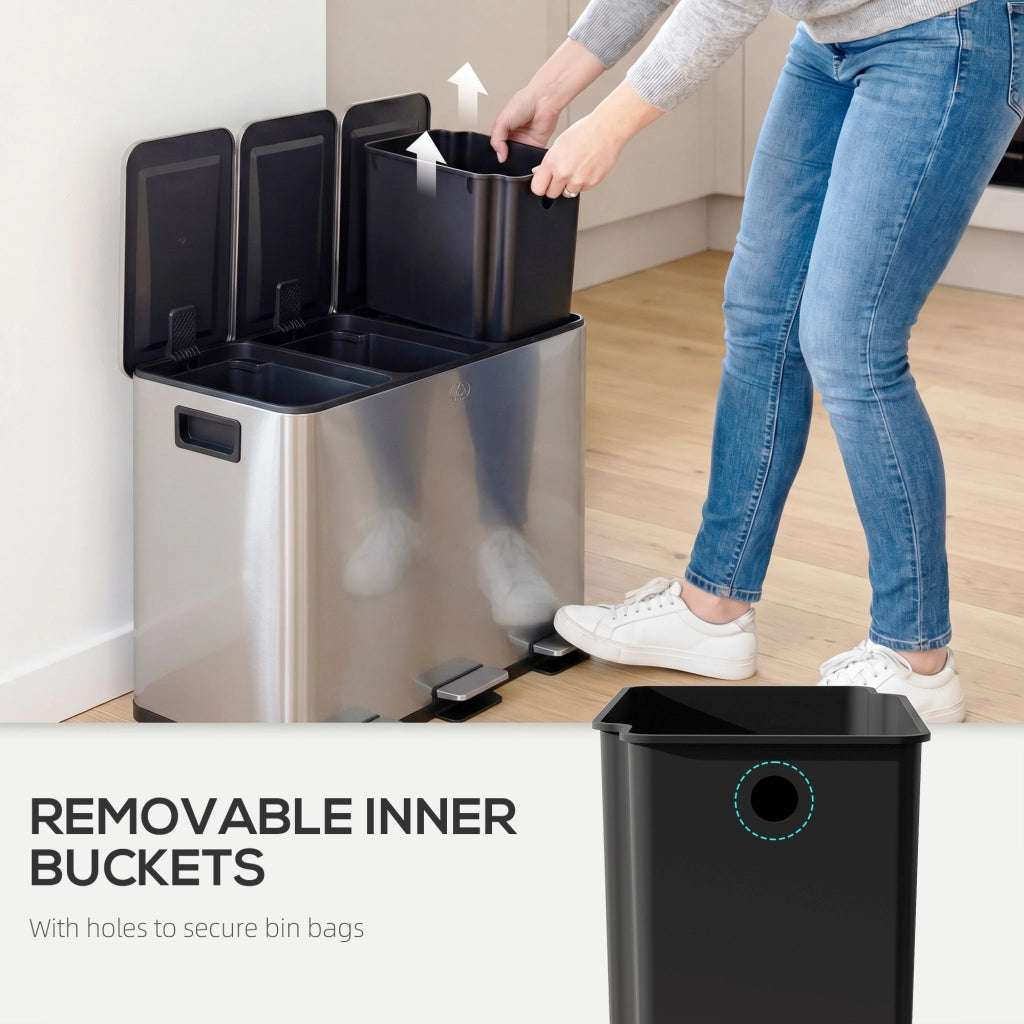 Bidone Immondizia 3 Sezioni 20L Chiusura Silenziosa ¨C zephmum ¨C Acciaio Inox PP 61.9x36.6x56.7 cm