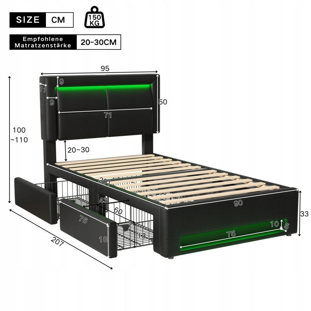 Letto imbottito con USB, LED, 4 cassetti - Xylo - 90x200 - Nero