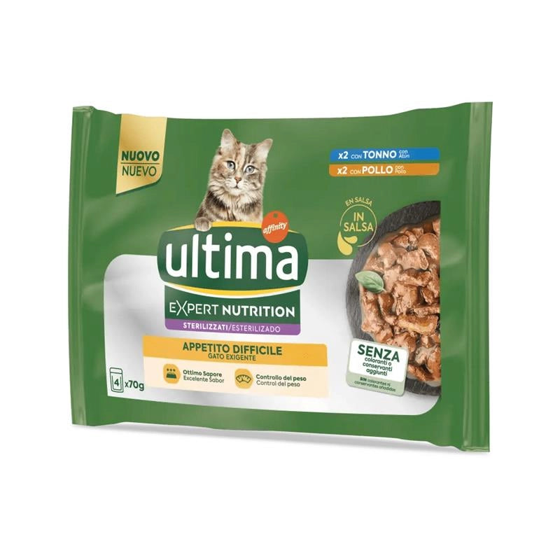 ULTIMA CIBO UMIDO PER GATTO STERILIZZATO APPETITO DIFFICILE CON X2 TONNO E X2 POLLO 4 X 70 GR