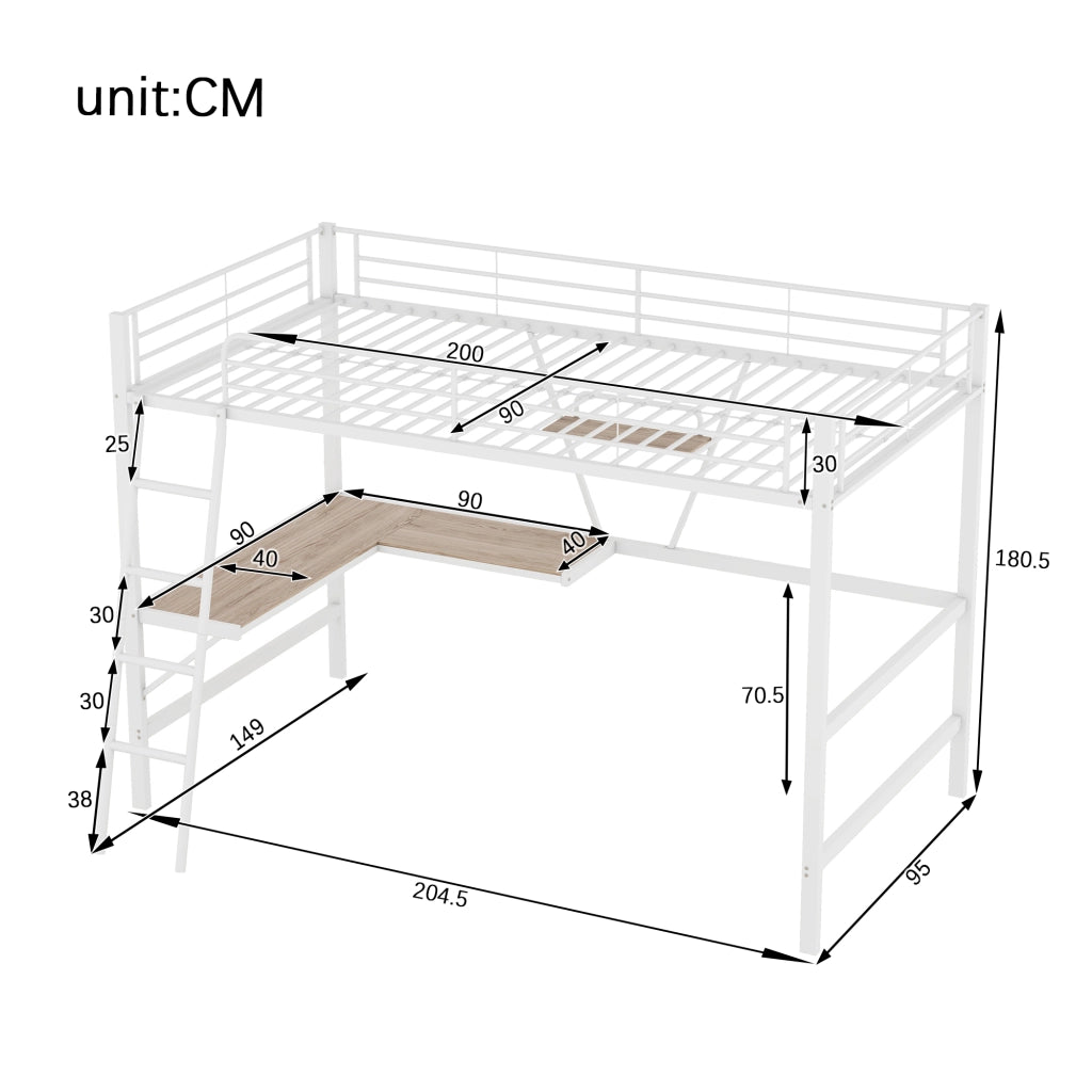Letto a castello con scrivania L e scaffale - Xylo - 90x200 - Bianco