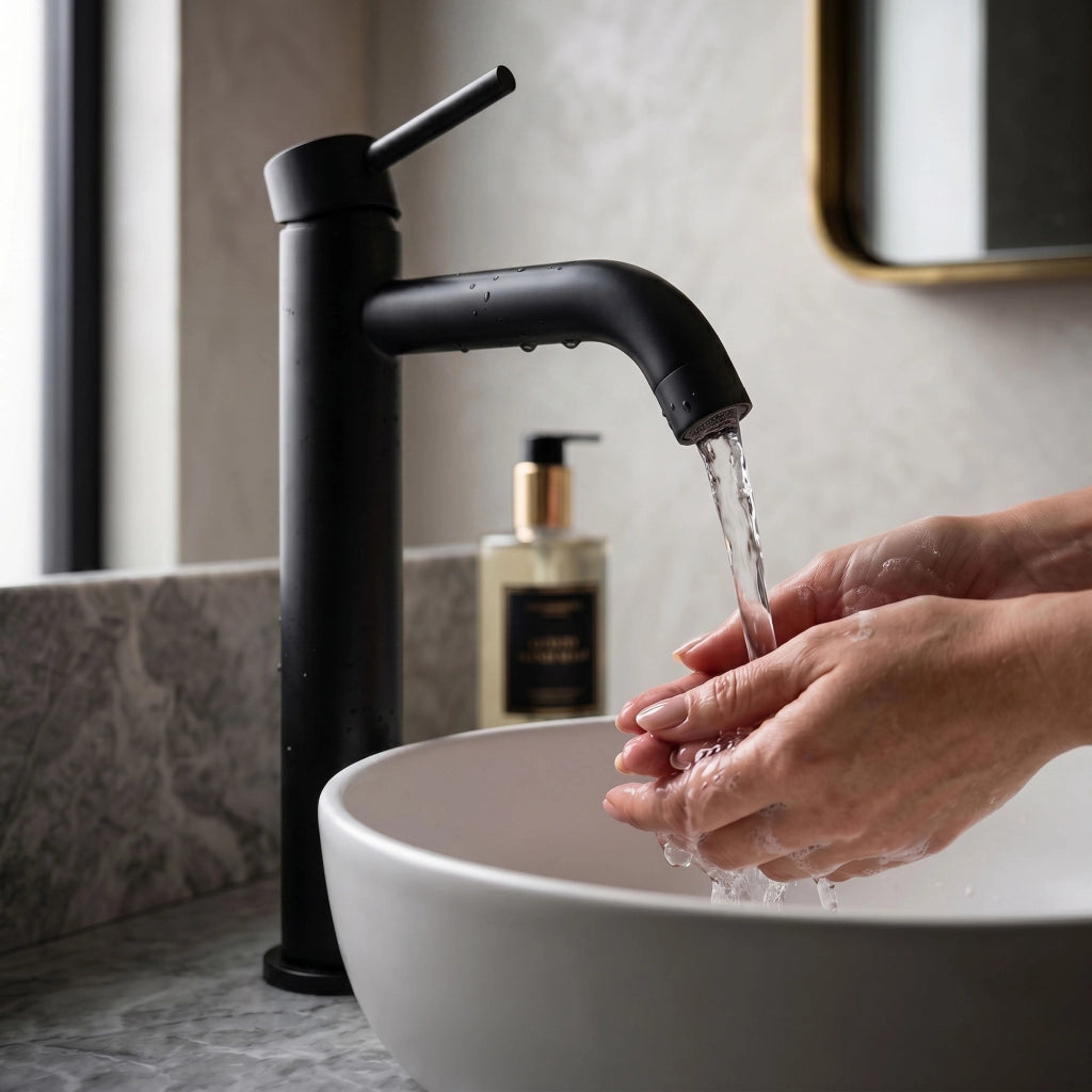 Rubinetto lavabo alto da appoggio miscelatore bagno nero VERTI