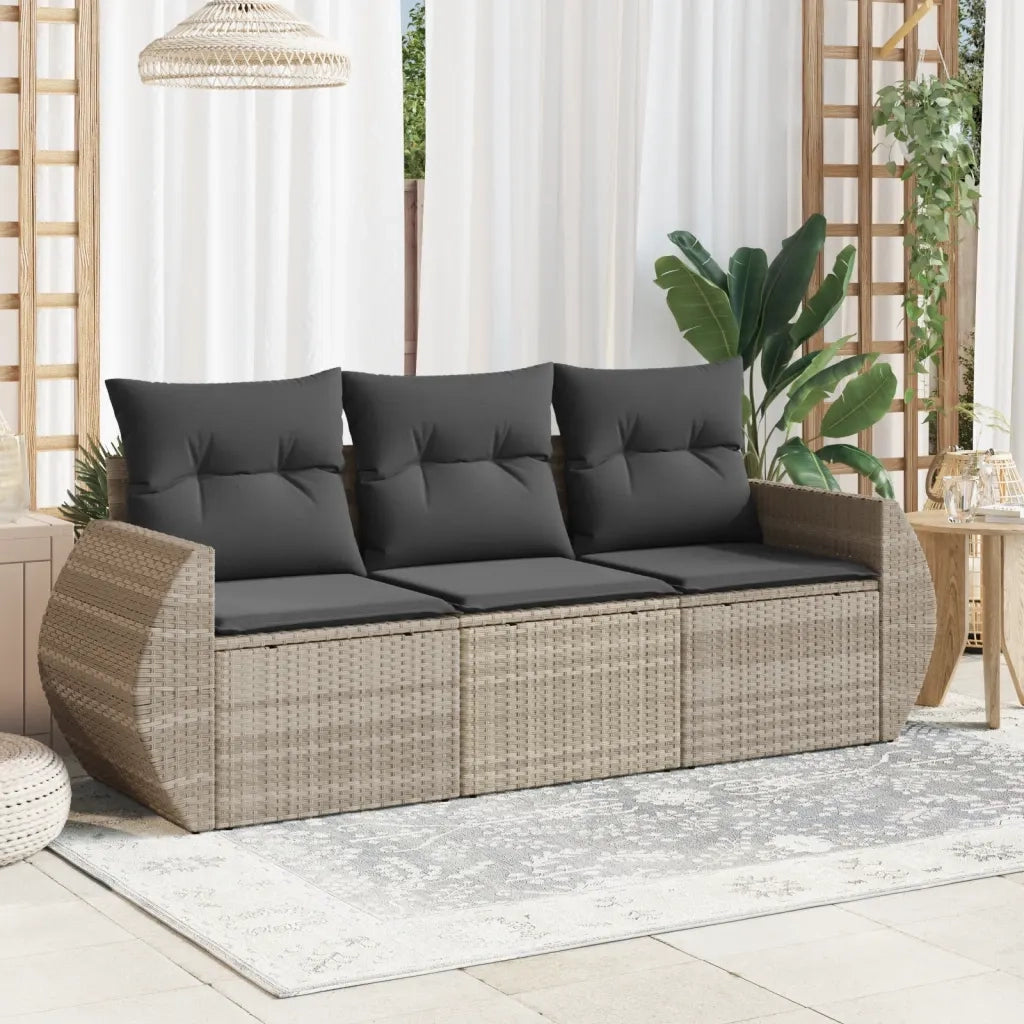 Set Divano da Giardino 3pz con Cuscini Grigio Chiaro Polyrattan