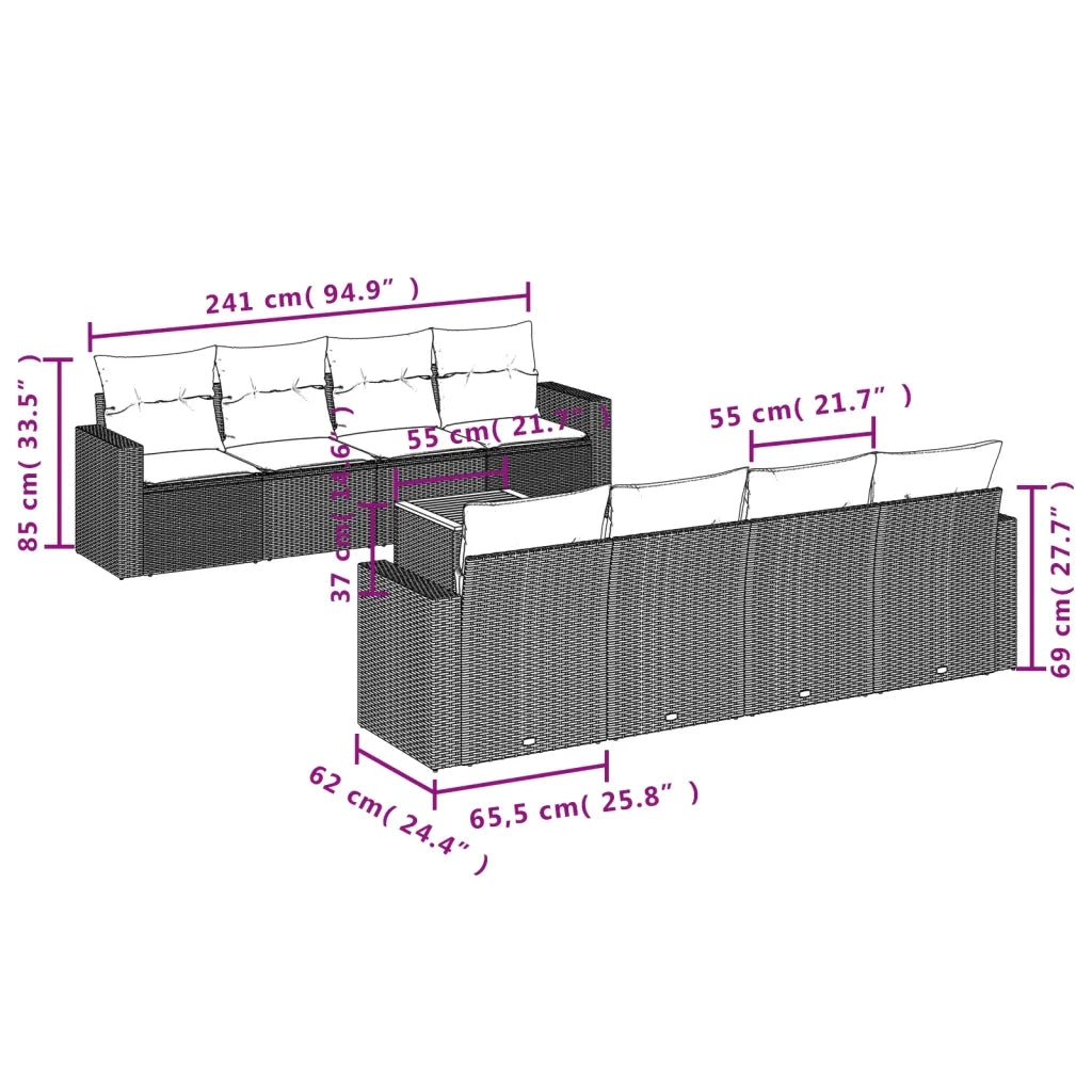 Set Divani da Giardino 9 pz con Cuscini Nero in Polyrattan 3224040