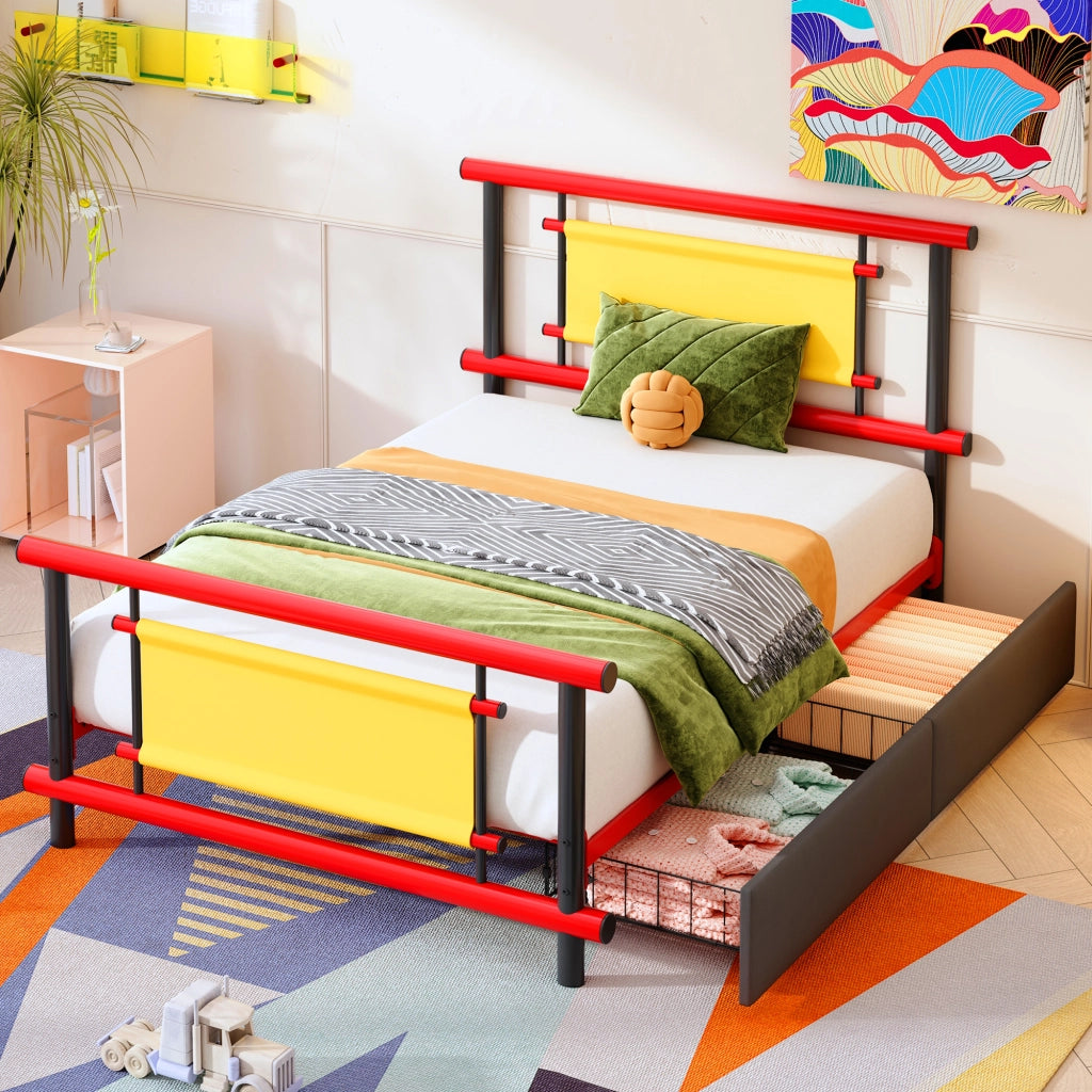 LETTO per bambini 90x200 cm in metallo rosso con cassetti