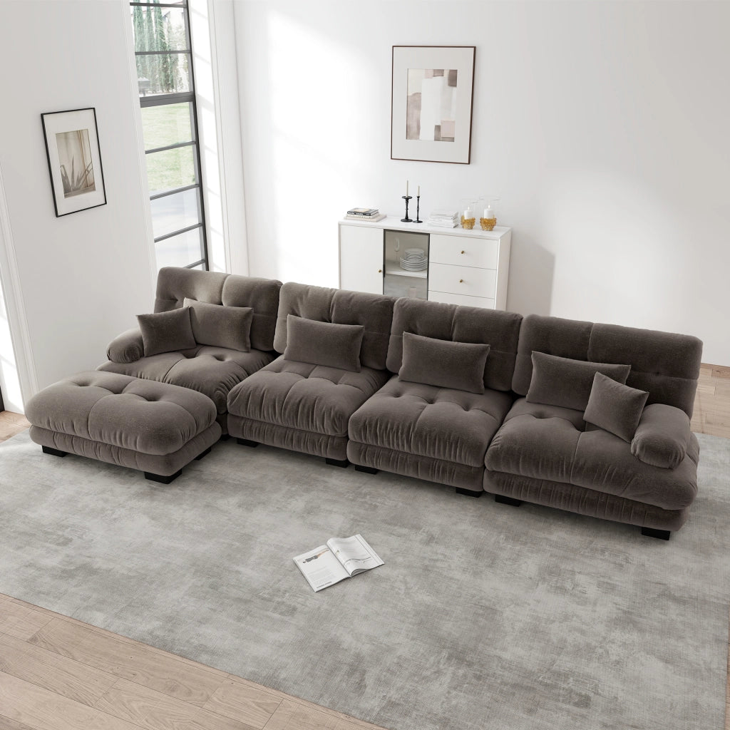 Divano Angolare Modulare 4 Posti ¨C MINIMAL ¨C Chenille, Marrone, con Poggiapiedi