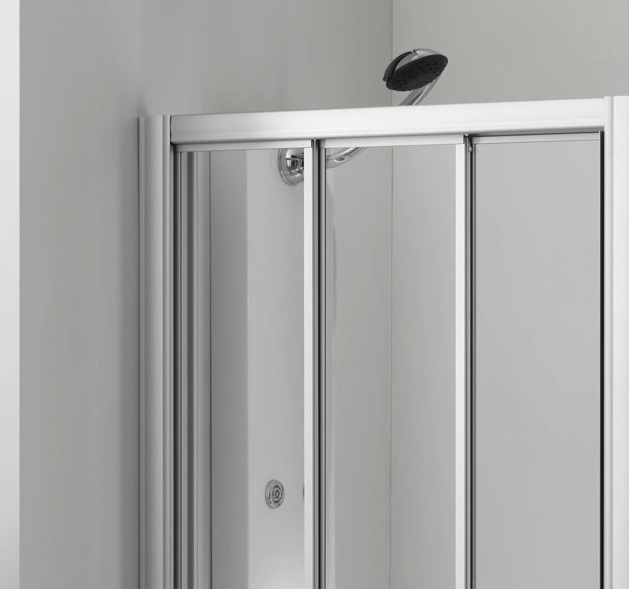 Porta doccia tre ante scorrevole bilaterale, argento, cristallo trasparente 3mm, h185 Merbo Tinez Trasparente 3mm,Argento satinato,88/94 cm
