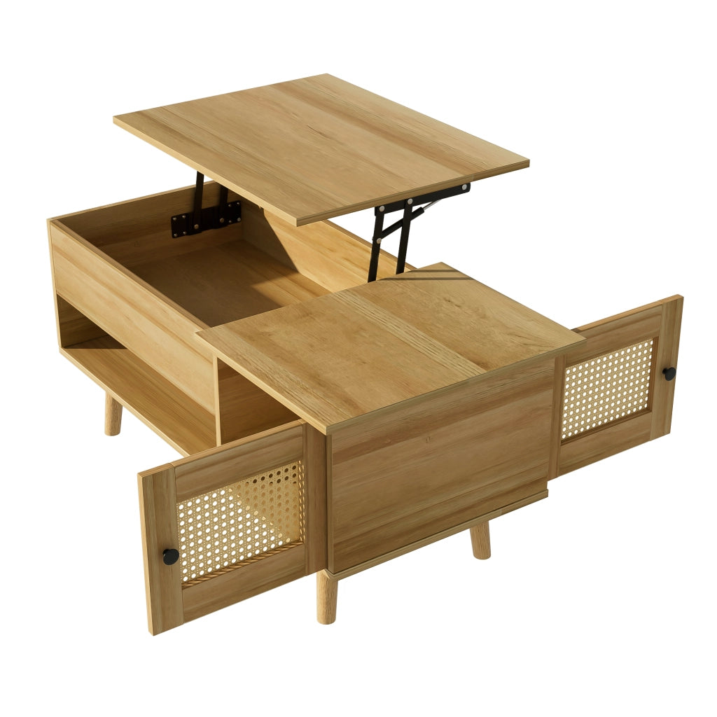 OKWISH Tavolino da Salotto Rettangolare con Piano Sollevabile e 2 Ante Effetto Rattan, per Soggiorno, in Truciolare, 103 x 50 x 46 cm