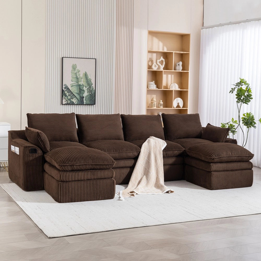 Divano modulare a 4 posti con pouf - Zephmum - Marrone, cuscini inclusi, 3 strati schiuma