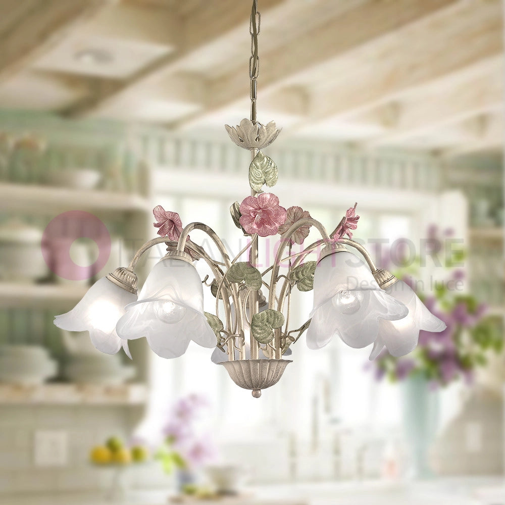 SPRING Lampadario in Ferro Decorato a 5 Luci Stile Floreale