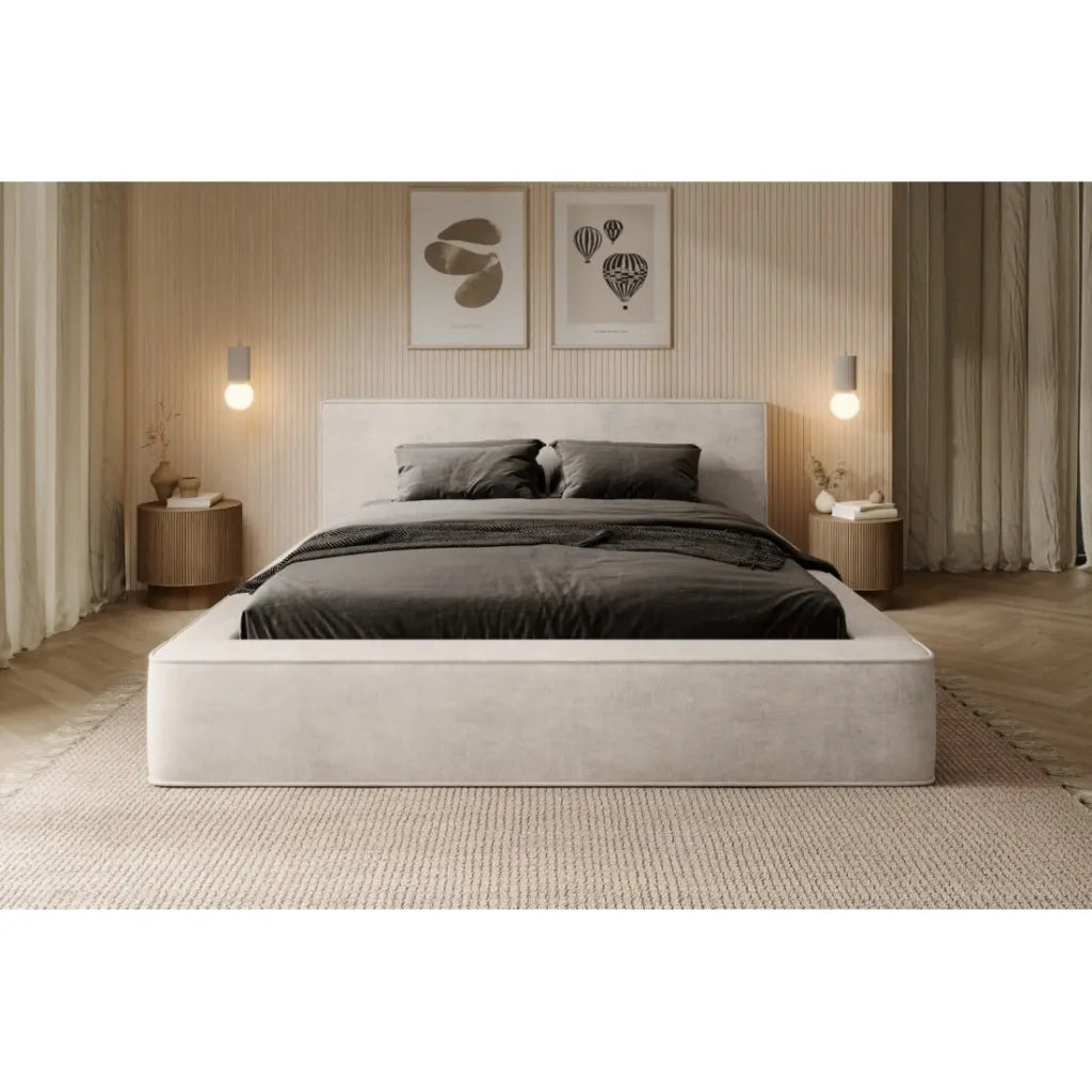 Letto contenitore VELORA – Perla – 180x200 cm – Tessuto velluto morbido – Rete sollevabile – Spazio di archiviazione integrato