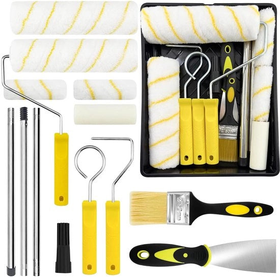 Kit di pennelli a rotella 18 pezzi con manico telescopico da 1,2 m - rotelle da 23 cm e 11 cm, pennelli, raschietti e contenitore per vernice - pennello a rotella per muri e soffitti