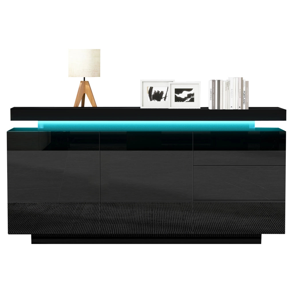 Credenza Moderna con LED ¨C Xylo ¨C Nero Lucido, 2 Ante, 3 Cassetti, 140x35x72.5