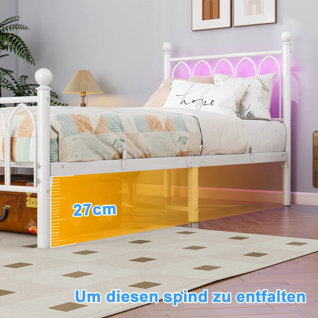 LETTO Struttura 90x200 cm in Ferro Bianco con LED, USB e presa
