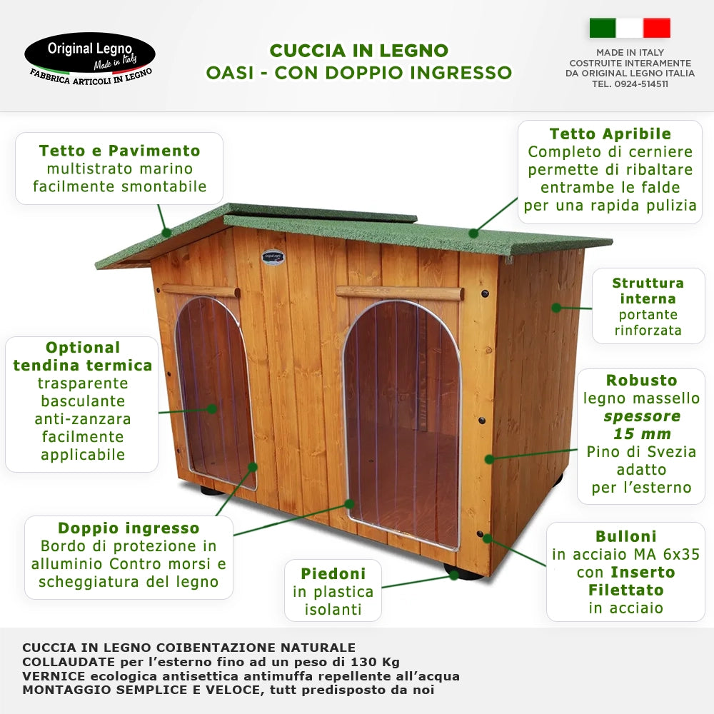 CUCCIA IN LEGNO PER CANI DA ESTERNO MISURA ALANO MOD OASI CON DUE INGRESSI E VERANDA SENZA SEPARÈ CON 2 "TENDINE OMAGGIO" L.121 x P.133 x H.87
