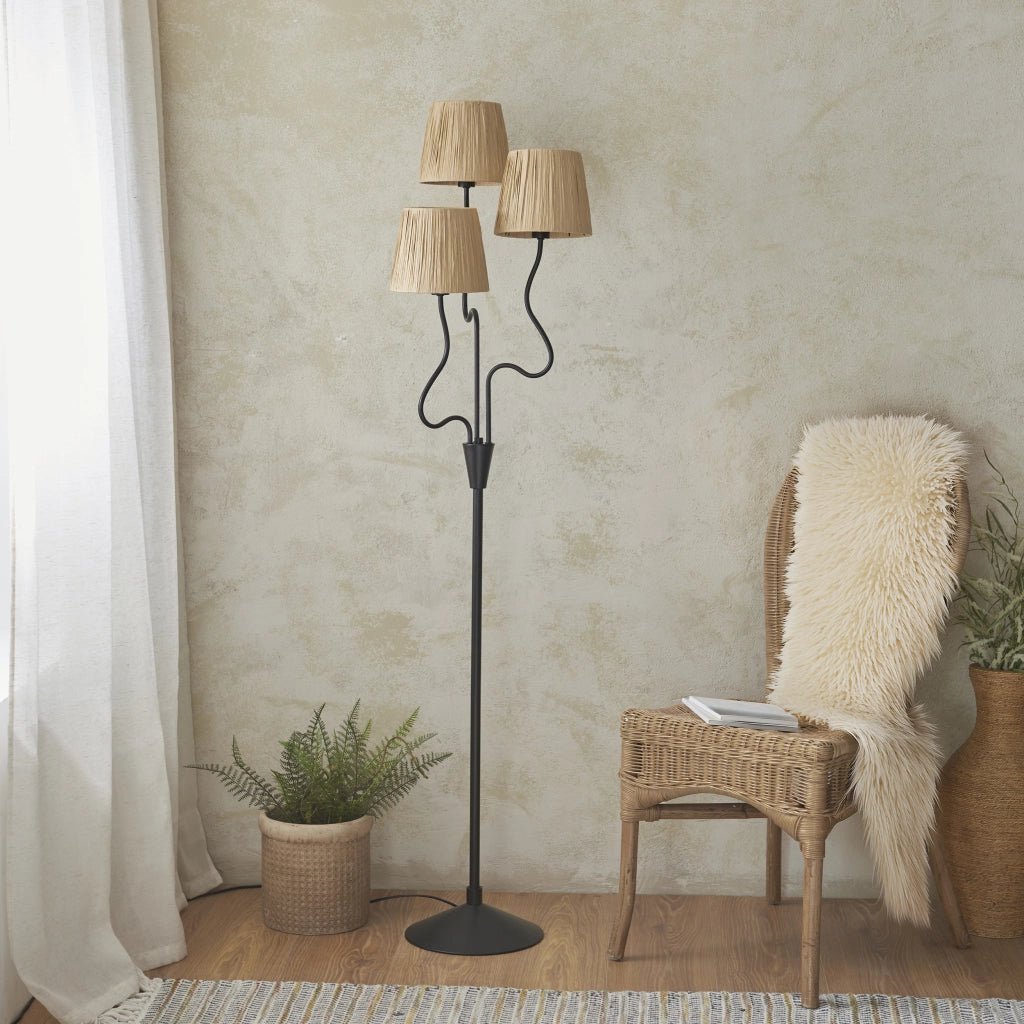 Lampada da terra boho nera opaca rafia, pedale 3xE14 Endon