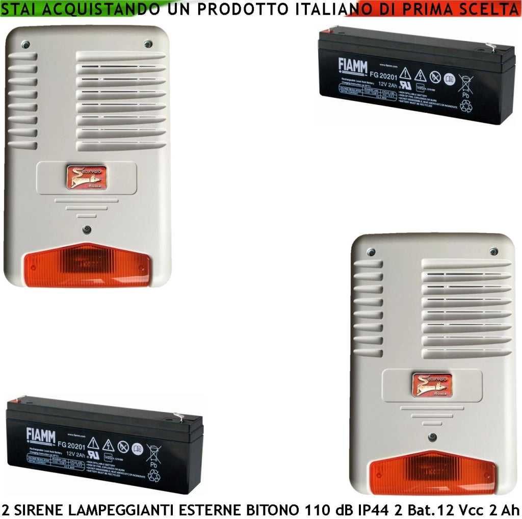 Sirena Con Lampeggiante a Led da Esterno 2 Pezzi Frequenza A/B 1724/2475 Hz Melodia Bitonale 110 dB Allarme Caduta Polarità Tamper Segnale Stato Impianto Antifurto 2 Batterie 12 V 2,0 Ah Selezionate
