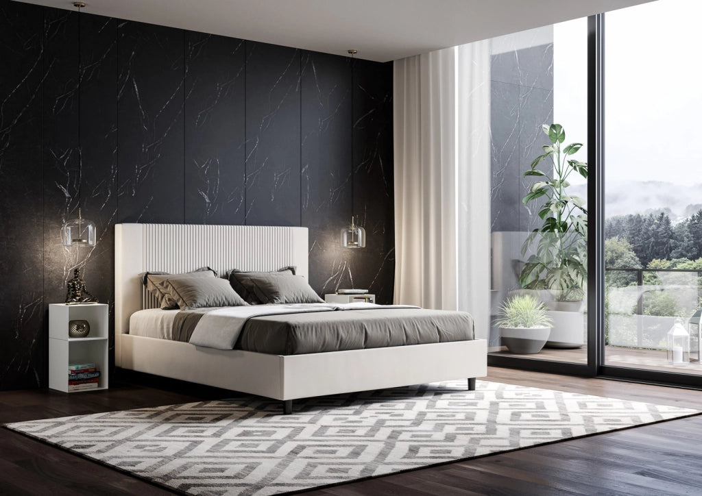 BS COM Letto queen size contenitore imbottito 150x210 similpelle bianco