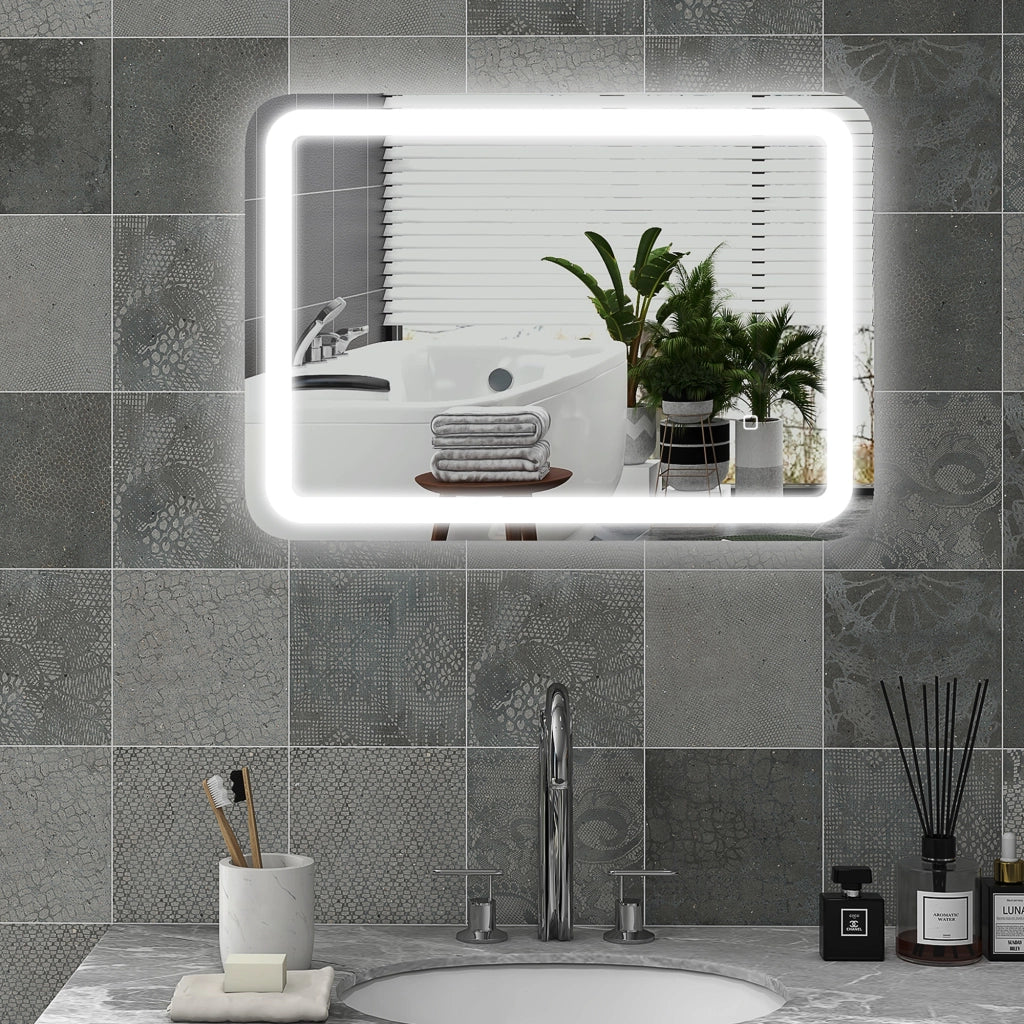 Specchio da Bagno con Luci LED ¨C Minimal ¨C 50x70 cm, Colore Argento, Dimmabile, 3 Luci