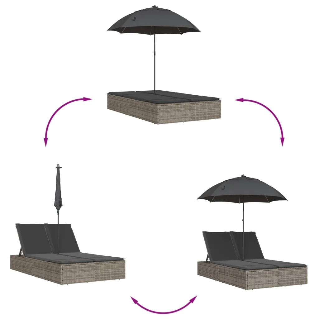 Lettino Prendisole Doppio Cuscini e Parasole Grigio Polyrattan 368083