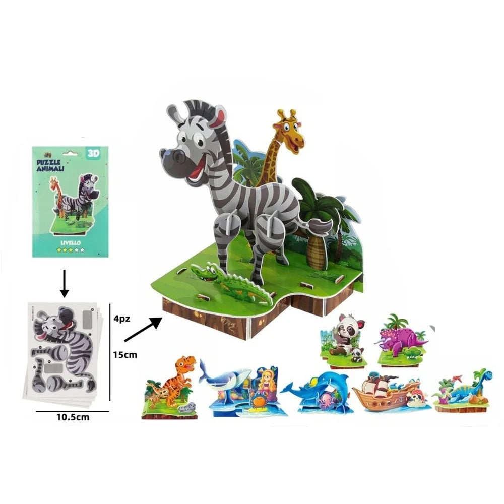 Trade Shop - Kit 16pz Puzzle 3d Mondo Degli Animali Per Bambini Costruzione Modellismo Fai Da Te 32395 -