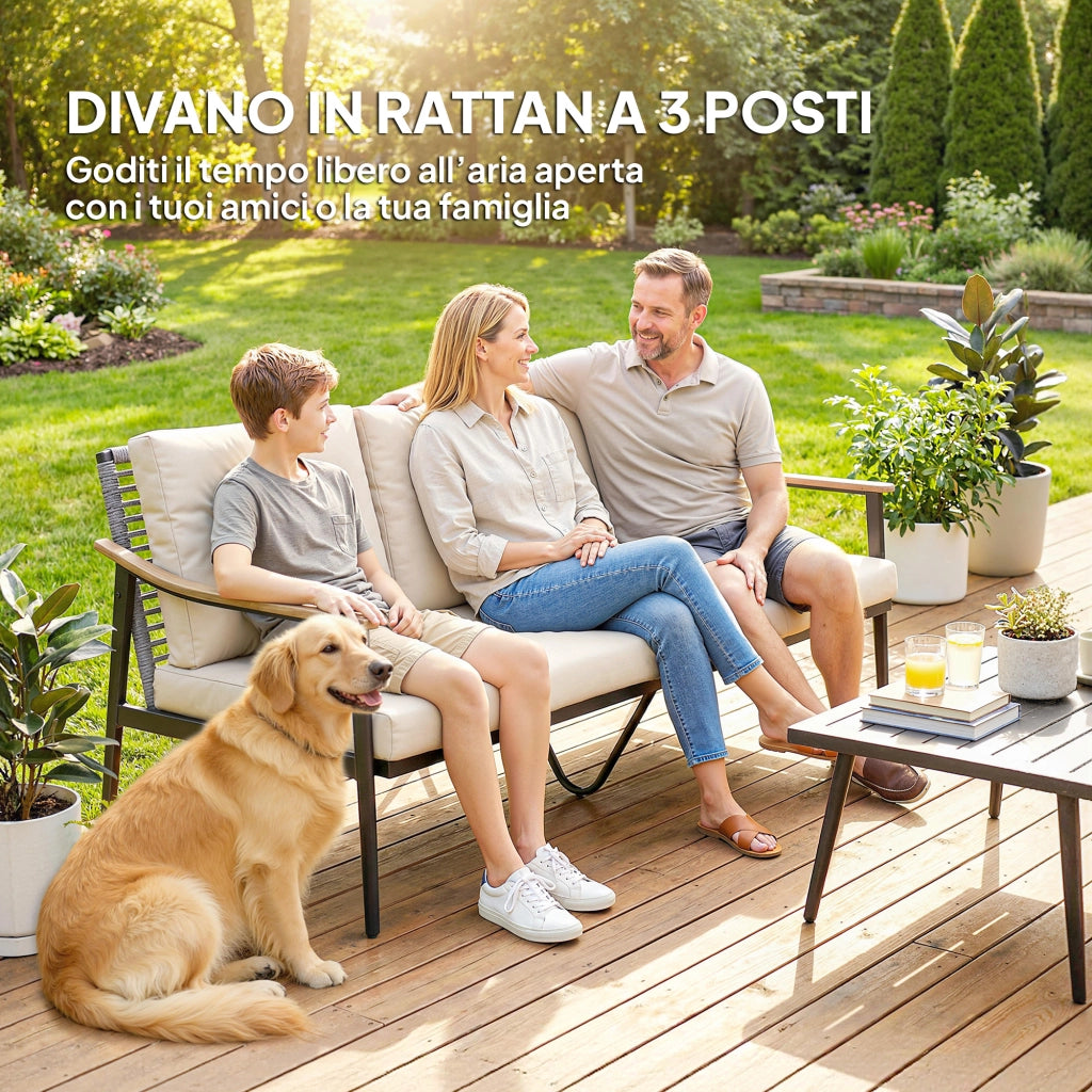 Divano da Esterno 3 Posti in Rattan ¨C zephmum ¨C Schienale, Effetto Legno, Cachi