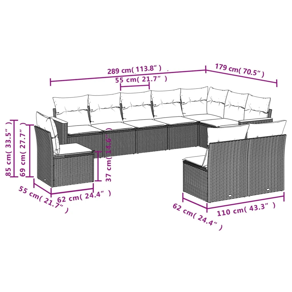 Set Divano da Giardino 10 pz con Cuscini Grigio in Polyrattan 3226074