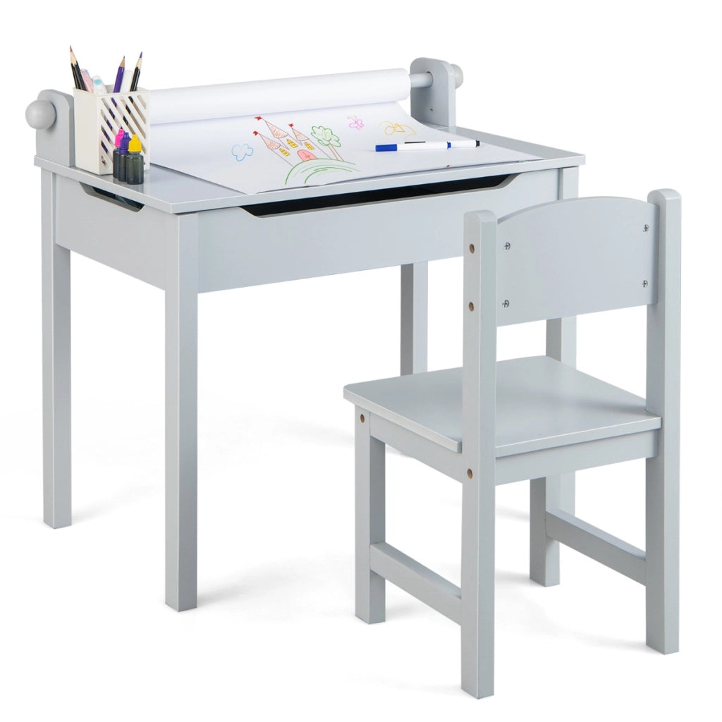 Tavolo per bambini con sedia vano portaoggetti e portarotolo per disegnare giocare, Set di tavolino con sedia Grigio