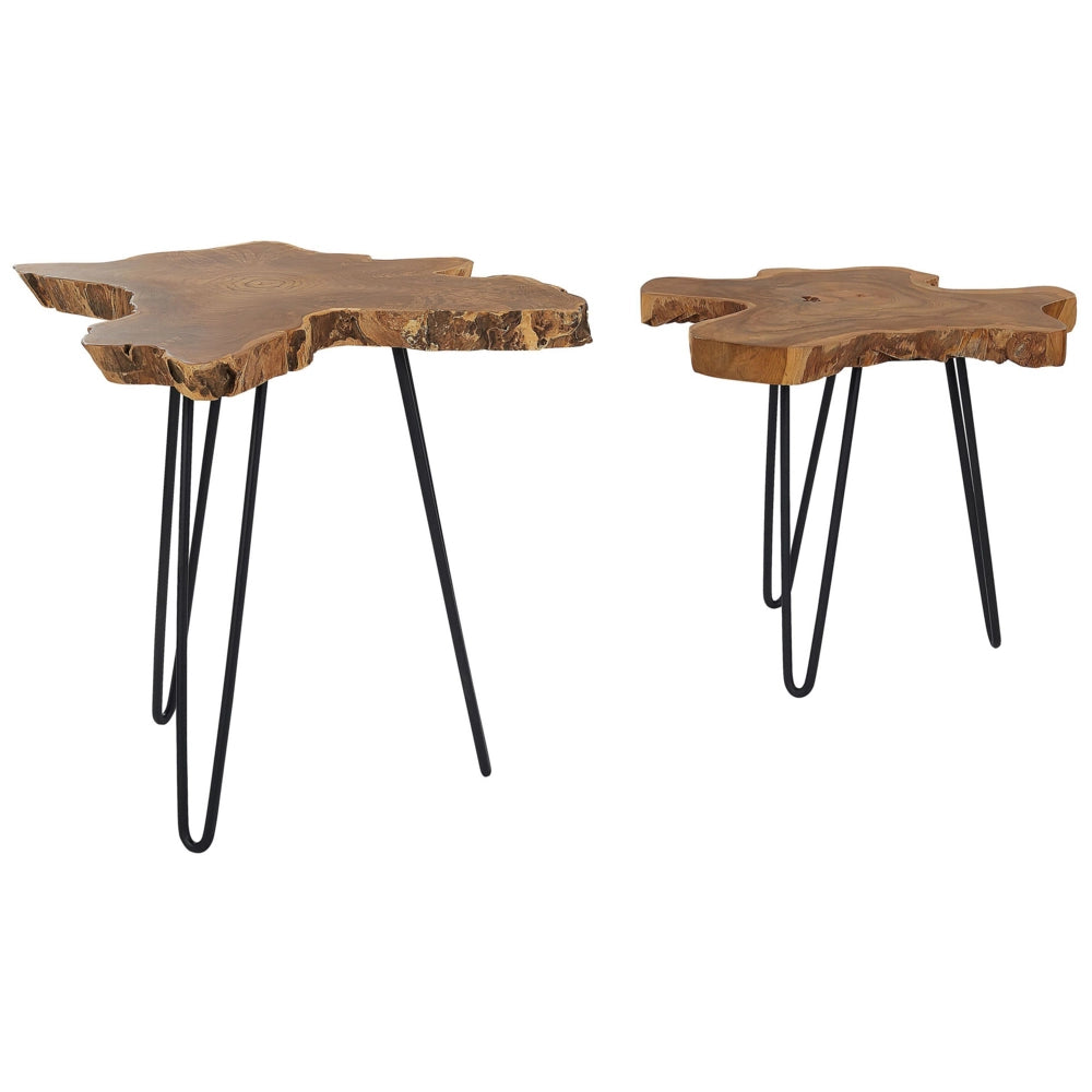 Set di 2 tavoli a nido in marrone scuro Java con Gambe Nere Rustico