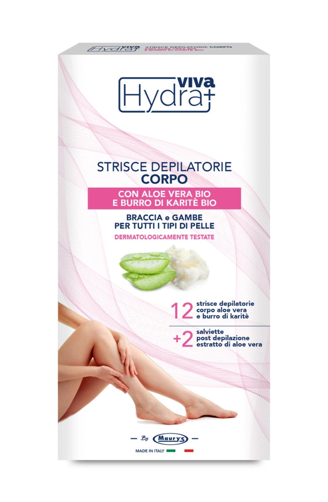 HYDRA VIVA+ STRISCE DEPILATORIE PER CORPO CON ALOE E BURRO DI KARITÈ 12 PEZZI