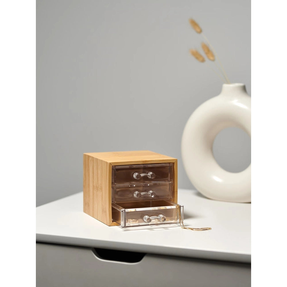 Trade Shop - Porta Gioielli Cosmetici Con 3 Cassetti Organizzatore Casa In Legno 12.3x15.3x11 Cm 10830 -
