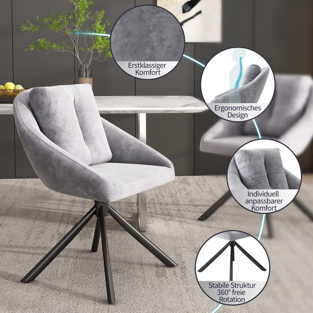 SEDIA girevole in velluto grigio, ergonomica, Set da 4 pezzi
