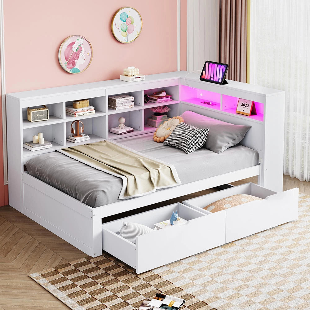 Divano letto massello 90x200cm - Xylo - bianco, porte USB, scomparti