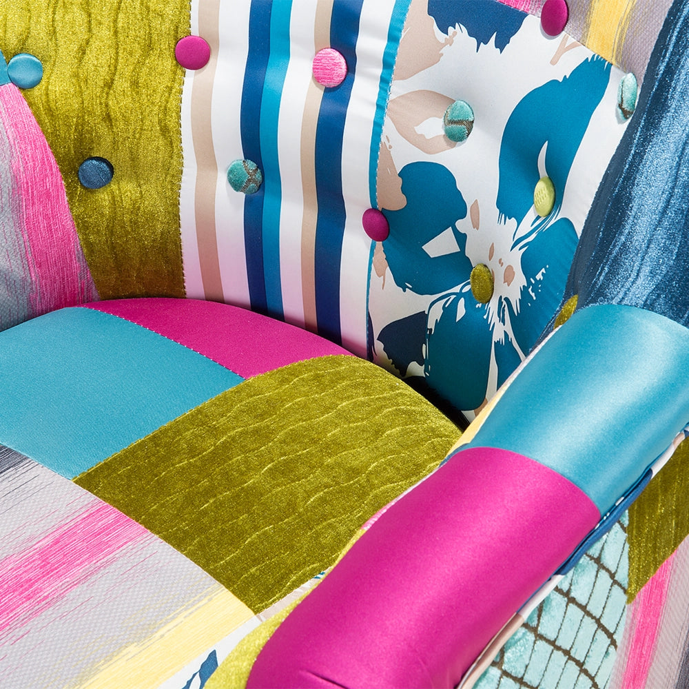 Poltrona Multicolore Tessuto Blu Patchwork Sedia Club Bottone Gambe In Legno capitonné
