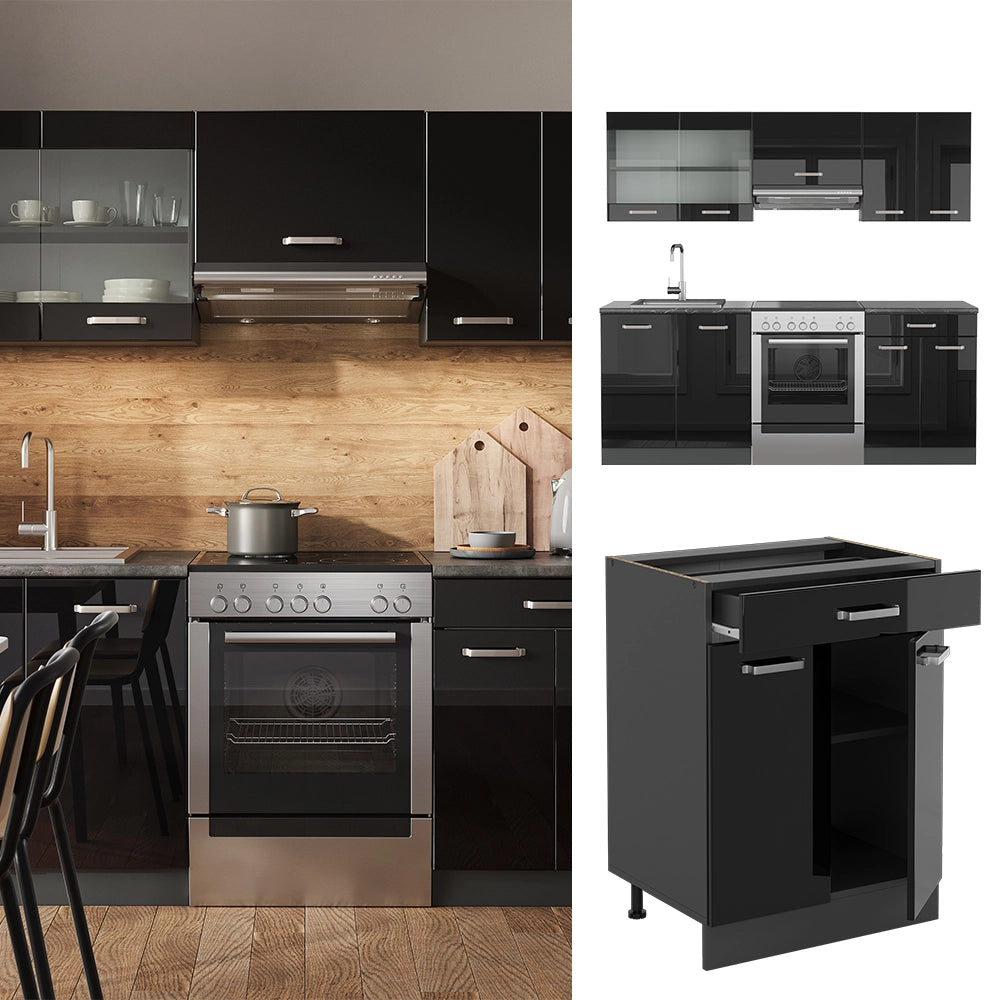 Vicco Cucina componibile Nero lucido/antracite 200 cm , PL Marmo