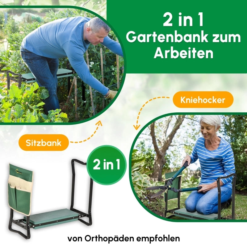 Panca inginocchiata, sgabello da giardino pieghevole, 2 in 1, supporto per ginocchia, con borsa porta attrezzi, schiuma EVA, 58 x 28 x 49 cm