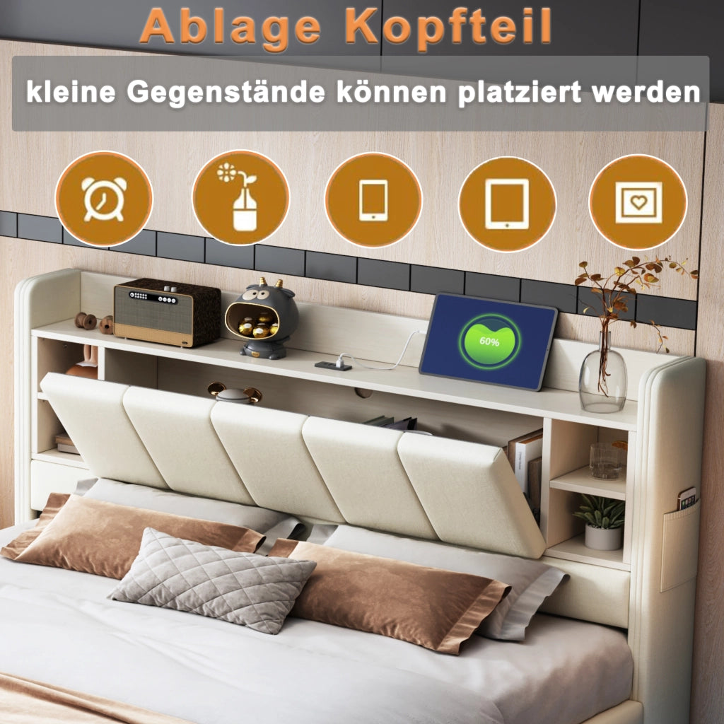 LETTO 140x200 cm Beige con LED e USB