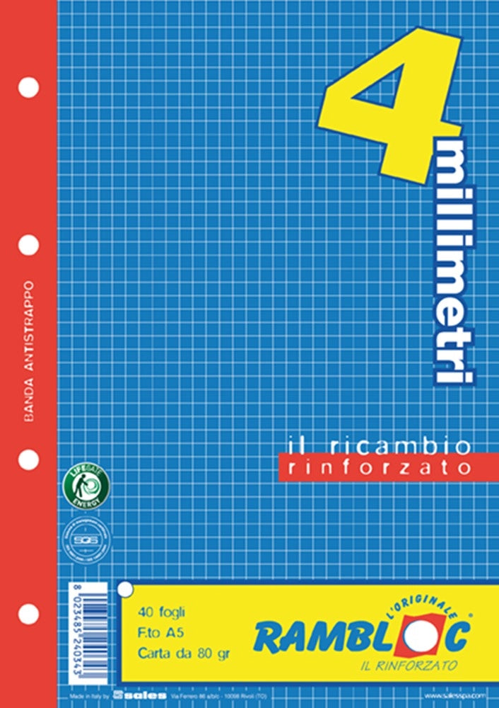 RAMBLOC RICAMBIO A4 40 FOGLI QUADRETTI 4MM PER RACCOGLITORI ANELLI