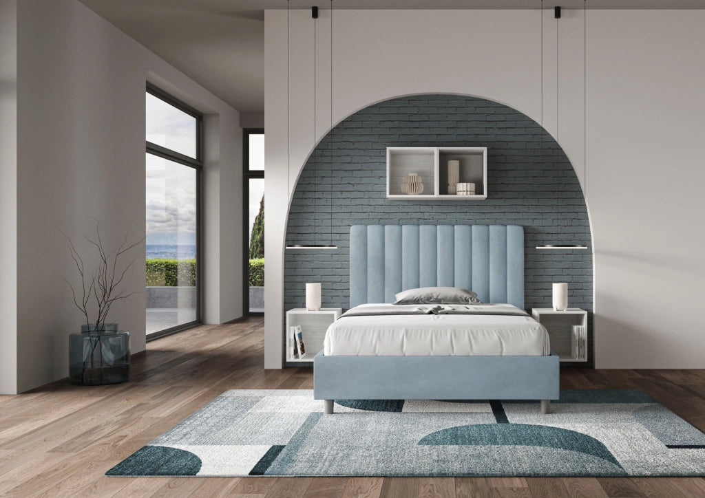 BS COM Letto una piazza e mezza con rete imbottito 120x210 microfibra azzurro