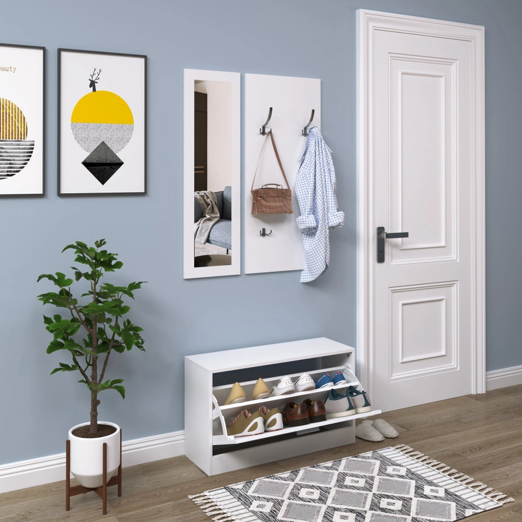 Set Ingresso 3 Pezzi Scarpiera Specchio Appendiabiti ¨C Minimal ¨C Bianco 80x27x46,5cm